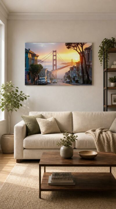 At dawn the Golden Gate rises through a sea of fog while a quiet street of Victorian houses tips down toward the bay.