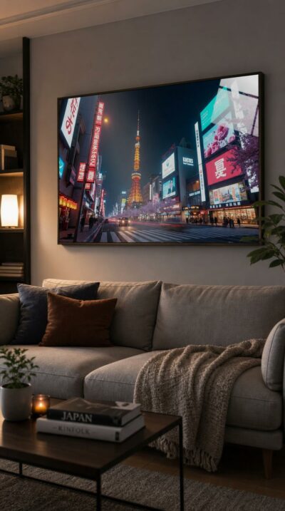 Tokyo Tower glows amber above a neon-soaked avenue at night, cherry blossoms and electric billboards trembling over rain-bright streets and passing taillights.