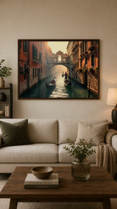 At dawn, gondolas drift along a quiet Venetian canal beneath a graceful bridge, the water glowing gold through a soft morning haze.