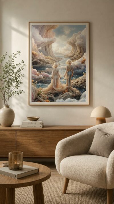 Two fair-haired children stand at the edge of a dream sea, where cliffs of flowing veils and pastel clouds rise like soft mountains into a luminous sky.