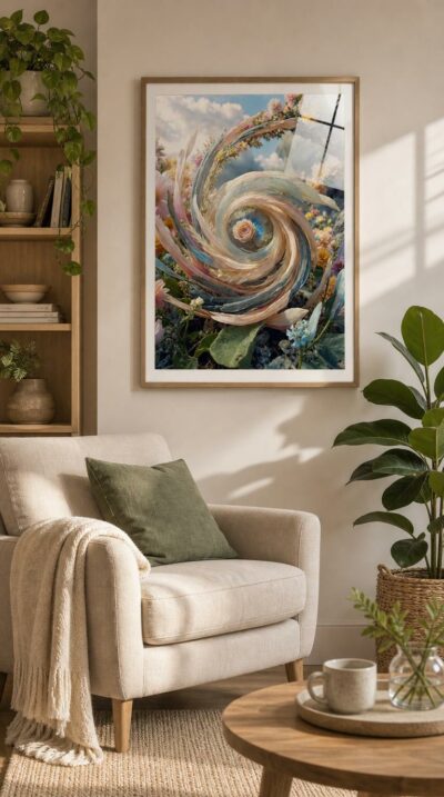 A blush rose rests at the eye of a spiraling whirl of translucent petals and feather-like plumes, framed by a meadow of soft pastel blossoms.