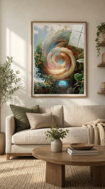 A spiral of translucent plumes turns slowly within a frame of climbing roses and green leaves, glowing amber, cream, and blue beneath an open summer sky.