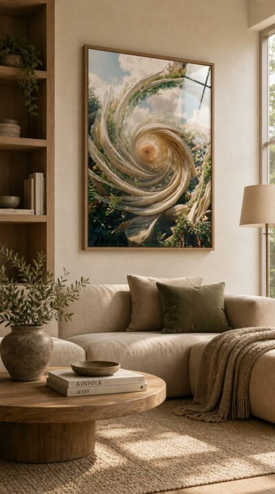 A pale rose unfurls at the center of a great spiraling vortex of organic forms, cradled by flowering shrubs beneath a soft, cloud-dappled sky.