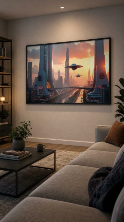 At golden hour, sleek towers rise above a glowing avenue while saucer-like craft drift through an orange and violet sky.