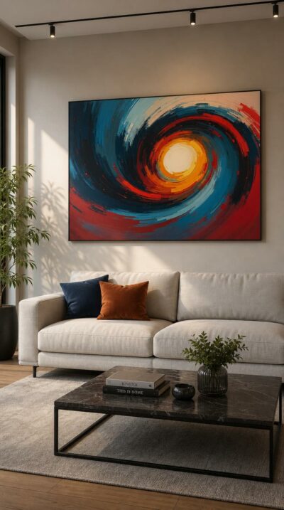 A vortex of swirling brushstrokes spirals toward a glowing white-gold core, charged with bold reds, deep blues and fiery oranges in perpetual movement.