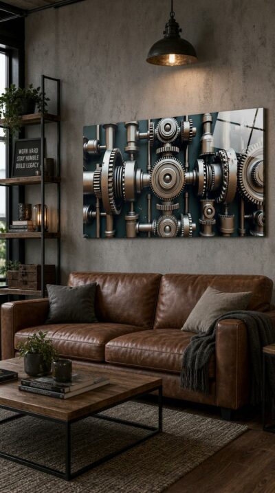 An intricate lattice of polished gears, cogs and pistons interlocks in semi-abstract precision, catching the light in burnished metallic rhythms.