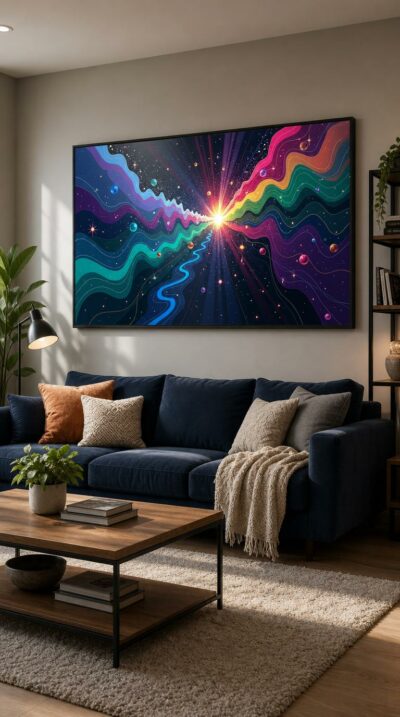 Ribbons of color ripple outward from a brilliant core of light, scattering luminous orbs across a star-strewn cosmic field.