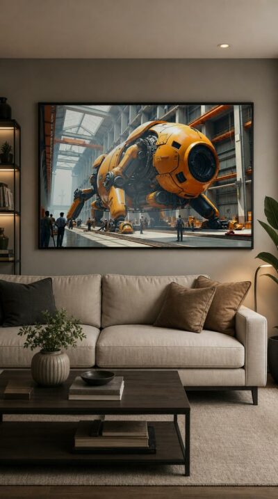In a cavernous factory, an immense rounded machine takes shape under cranes and skylights, dwarfing the workers who circle it in quiet wonder.