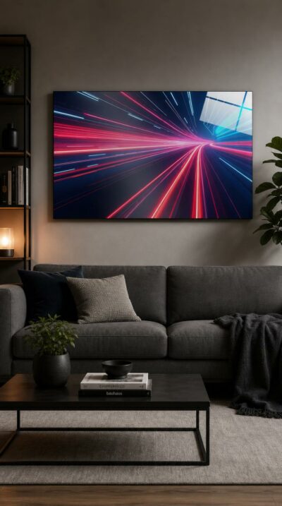 Streaks of crimson and electric blue rush toward a vanishing point, an abstract surge of pure speed cutting through deep night.