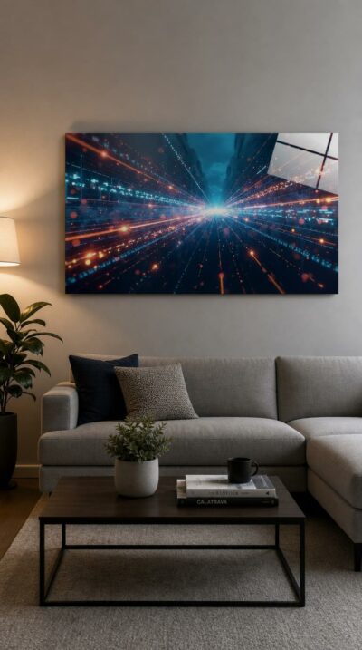 Streaks of orange and electric blue rush toward a blazing point of light, a luminous corridor of pure velocity and connection.
