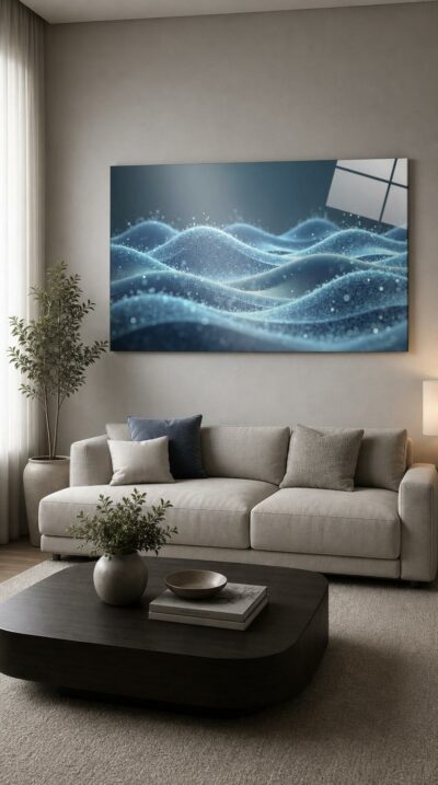 Rolling dunes of luminous particles ripple in cool blues and silvers, a digital sea suspended in soft light, calm and quietly futuristic.