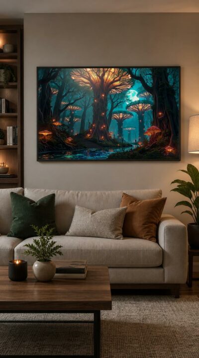 A luminous forest of colossal canopy-trees and glowing mushrooms shimmers beneath a vast moon, its waters mirroring an enchanted, otherworldly dusk.