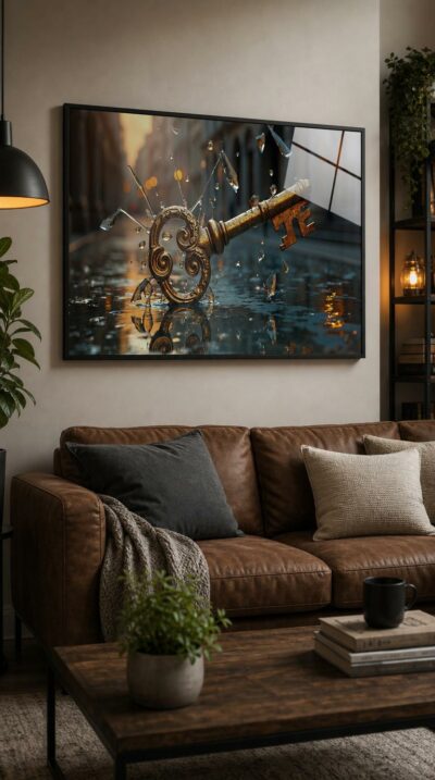 An ornate golden key hovers above a mirrored street, sending shards of crystal water leaping into a soft amber dusk.