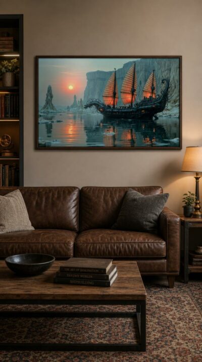 A dragon-prowed vessel glides through still arctic waters at dusk, amber sails glowing beneath pale cliffs as a soft crimson sun melts into mist.