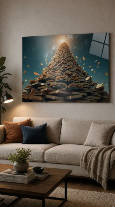 A towering spire of stacked books and loose pages spirals into a star-scattered sky, where imagination outbuilds the limits of reality.