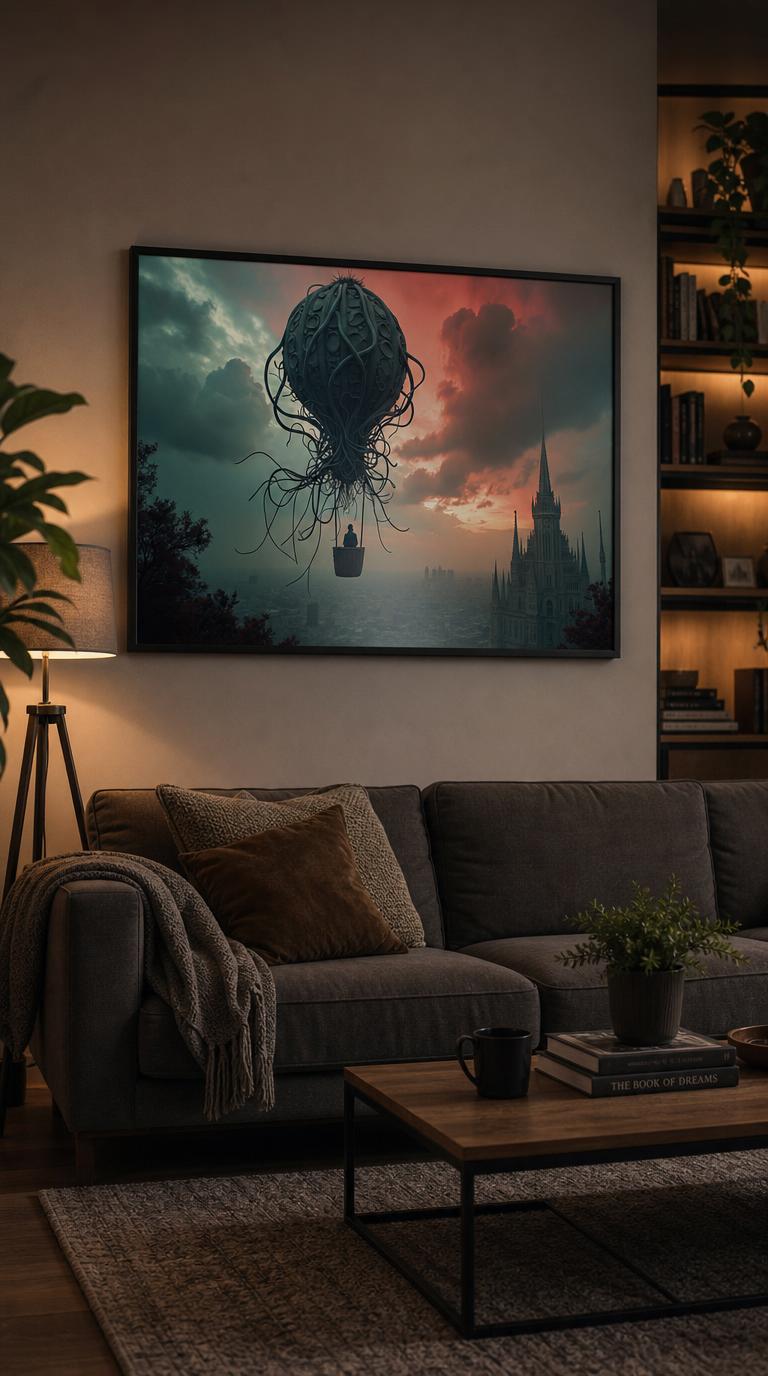 A solitary figure drifts in a wicker basket beneath a tentacled, organic balloon, gliding over a hazy city toward a Gothic spire and a sky split between teal cloud and crimson dusk.