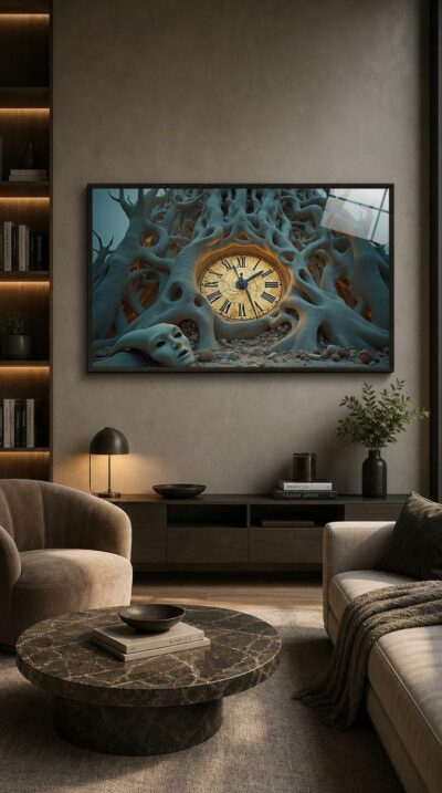 A weathered clock glows within a tangle of pale, root-like branches, while a hollow mask rests below among scattered stones, time and silence intertwined.