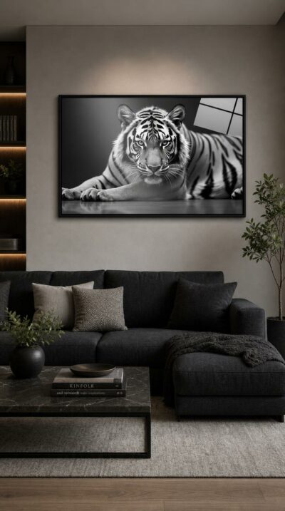 A tiger reclines in monochrome stillness, eyes fixed on you, every whisker and stripe rendered with quiet, commanding intensity.
