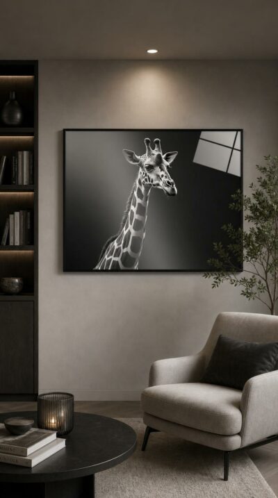 A black-and-white portrait of a giraffe, its long neck rising against soft shadow, gazing back with quiet, attentive calm.