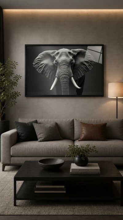 A black-and-white studio portrait of an elephant, ears spread wide and tusks gleaming, gazing out with quiet, ancient wisdom.