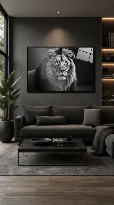 A black-and-white portrait of a lion gazing straight ahead, its mane caught in soft studio light, calm and commanding against deep shadow.