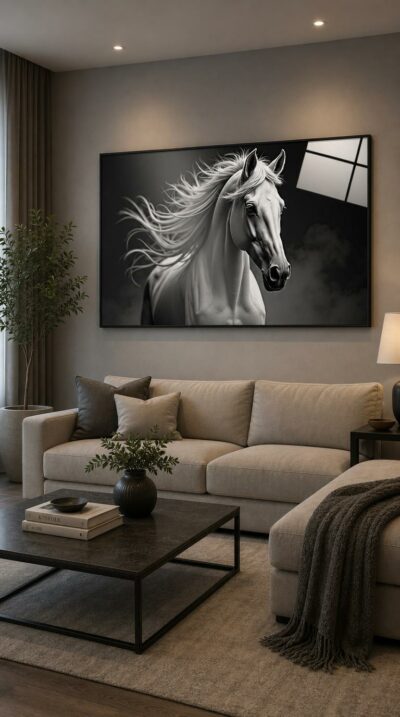 A majestic horse turns toward the light, its windswept mane streaming like silk against a soft grey haze in luminous black and white.