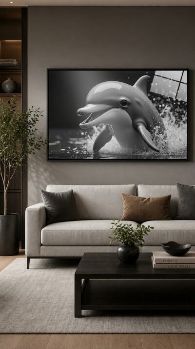 A glossy dolphin breaks the surface in luminous black and white, mouth open in delight as droplets scatter against deep velvet darkness.