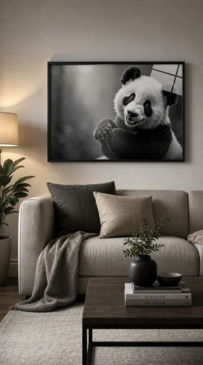 A black-and-white close-up of a panda caught mid-grin, paws raised, soft fur catching the studio light against a hushed grey haze.