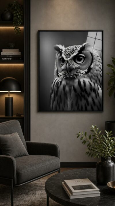 A close, luminous black-and-white portrait of an owl, its great dark eyes meeting yours across a soft grey hush.