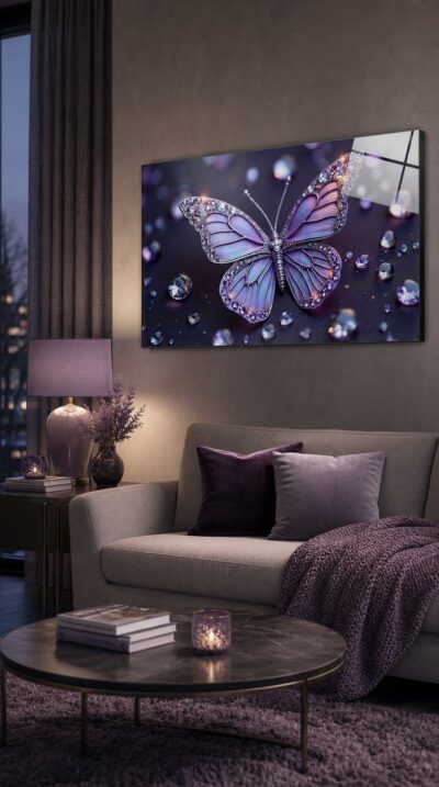 A lavender butterfly studded with amethyst and crystal rests amid scattered gems, glowing in soft violet light.