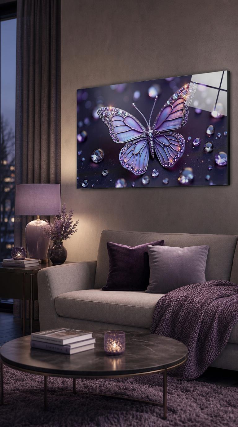 A lavender butterfly studded with amethyst and crystal rests amid scattered gems, glowing in soft violet light.