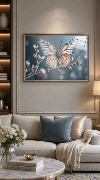 A pearl-white butterfly perched on a crystal-budded branch, its iridescent wings traced with shimmering diamonds that flicker as the light shifts.
