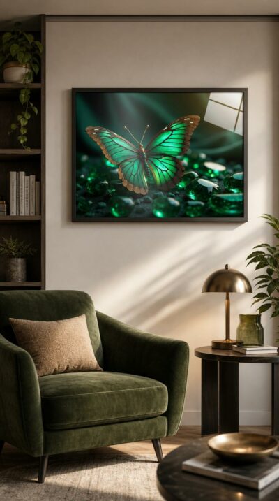 A luminous green butterfly with copper-veined wings rests on a bed of glowing emerald stones, suspended in a hush of jewel-toned light.