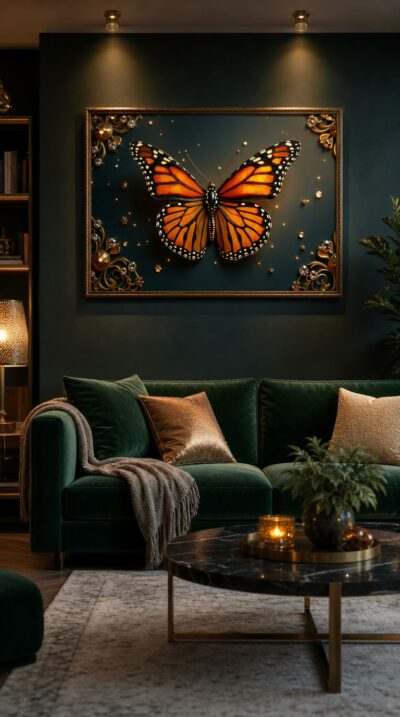 A monarch butterfly spreads luminous amber wings against deep blue, framed by gold filigree and scattered points of diamond light.
