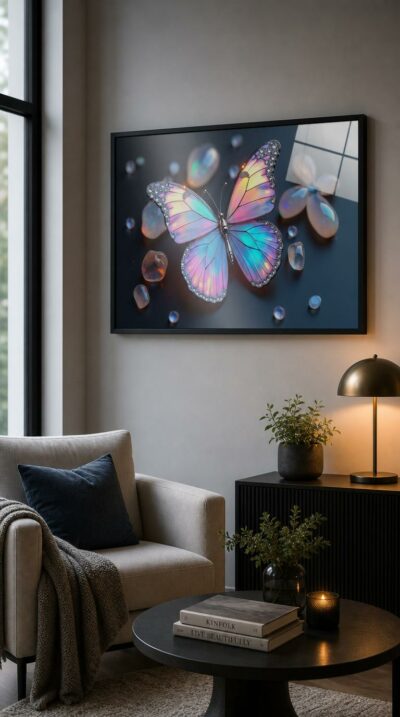 A jewel-bright butterfly with opalescent wings rests among glowing moonstones, its diamond-edged edges shimmering through every hue of the rainbow.