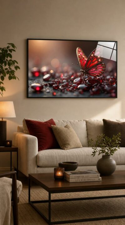 A crimson butterfly with ruby-jewelled wings rests upon a scatter of glowing red gemstones, bathed in warm, golden light.