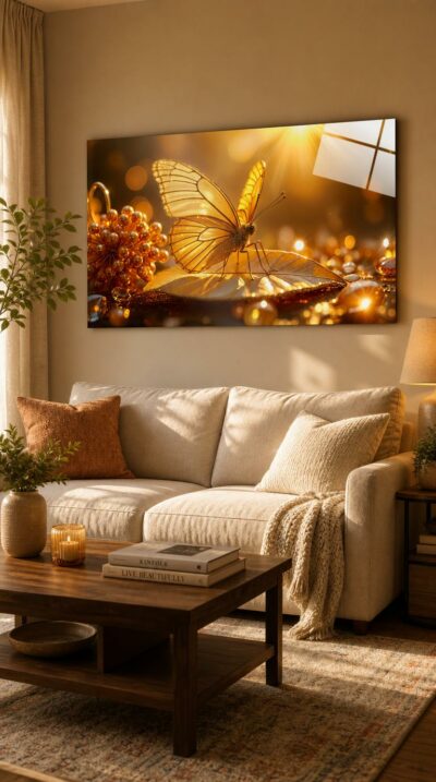 A golden butterfly rests on a luminous leaf, its translucent wings catching sunlight amid clusters of amber gems and warm bokeh.