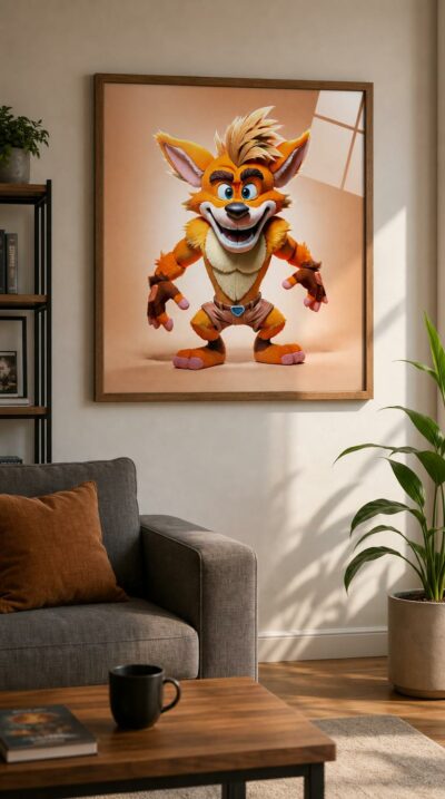 A grinning orange plush creature stands wide-legged and ready, all soft fur and bright blue eyes, against a warm peach glow.