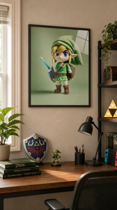 A plush rendition of the Hylian hero stands ready with sword and shield, his soft felt tunic glowing against a gentle wash of pastel green.