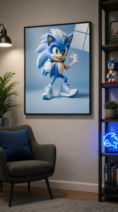 A beloved blue hedgehog reimagined as a soft plush toy, flashing a thumbs-up in dreamy pastel blue, all warmth and playful charm.