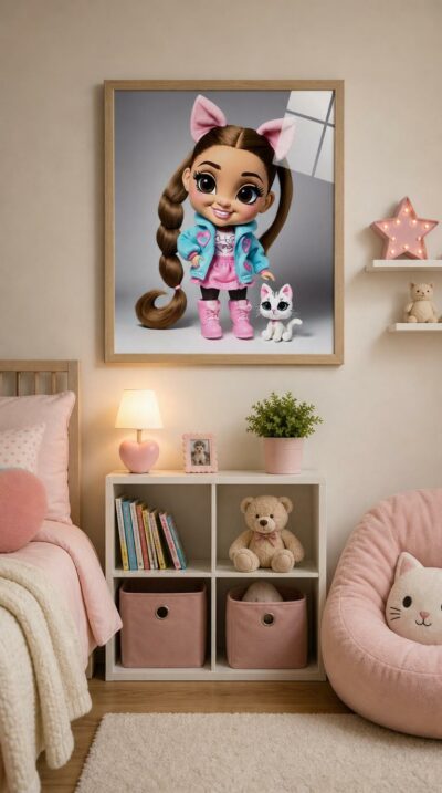A hyperreal toy figure of a wide-eyed pop starlet, ponytail cascading, paired with a sweet white kitten, all bubblegum charm.