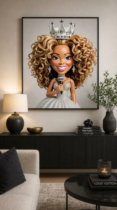 A plush caricature of a pop diva with cascading golden curls, a sparkling crown and microphone in hand, beaming under bright studio light.