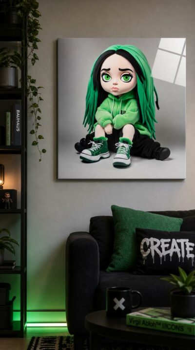 A soft-sculpture caricature of a pop icon, green-haired and wide-eyed, sitting cross-legged in an oversized hoodie and chunky high-tops.