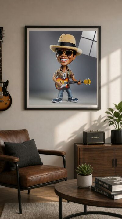 A grinning, big-headed caricature of a pop showman cradles a sunburst guitar, fuzzy fedora tilted just so against a soft gray studio glow.