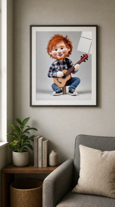 A soft, freckled red-haired musician rendered as a plush figurine, perched on a stool and grinning as he strums an acoustic guitar.