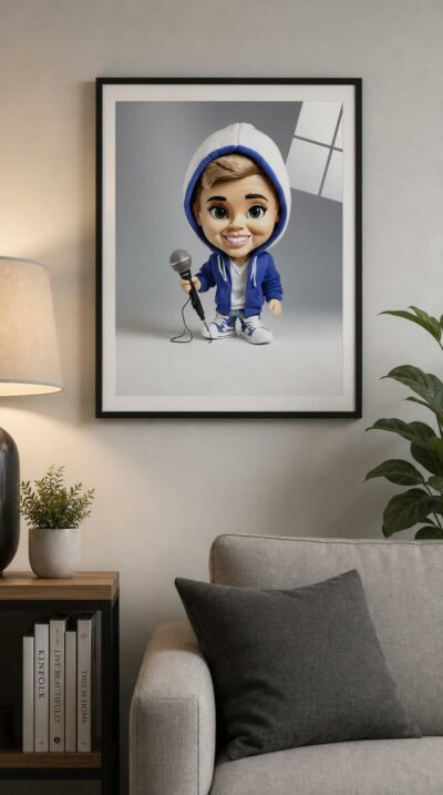 A grinning plush caricature of a young pop singer in a royal-blue hoodie, microphone in hand, ready to take the stage.