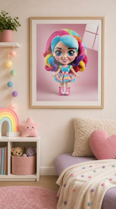 A grinning rainbow-haired plush doll in a striped party dress beams against soft pink, all candy color and stitched-felt charm.