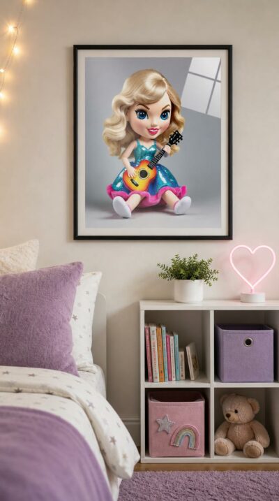 A sparkling, big-eyed plush doll of a blonde pop star, glitter dress aglow, cradling a flame-bright acoustic guitar with a beaming, doll-like grin.