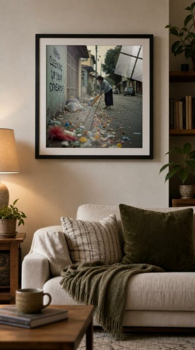 A woman sweeps a litter-strewn street at dawn, gathering the bright debris of last night's revelry beneath a wall that asks who tidies our dreams.