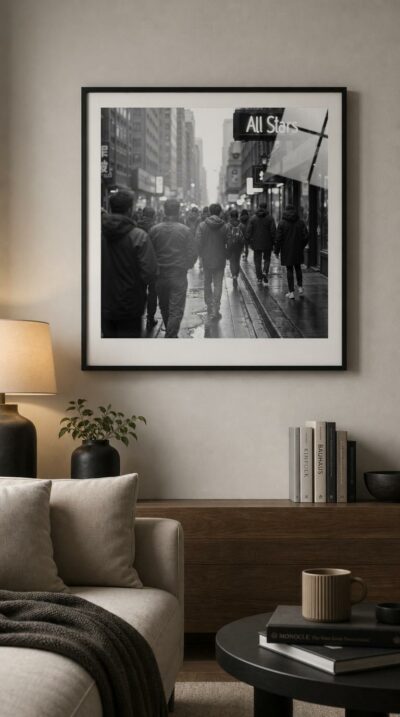 On a rain-slicked city sidewalk, anonymous figures in dark coats stream past a glowing storefront sign, their backs turned, dissolving into a uniform gray crowd.